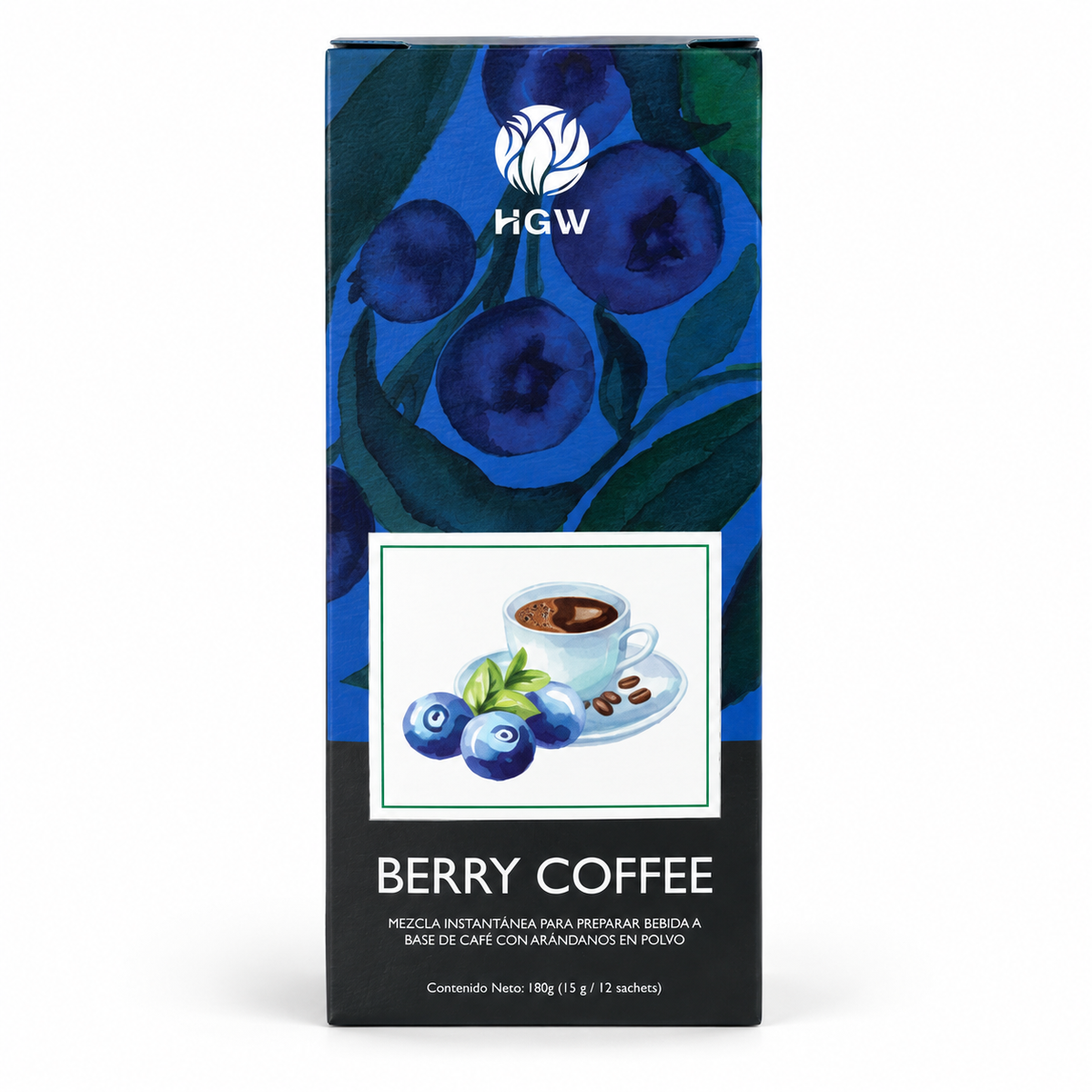 Caja azul y negra de Berry Coffee HGW de 180 g con ilustración de café y arándanos.