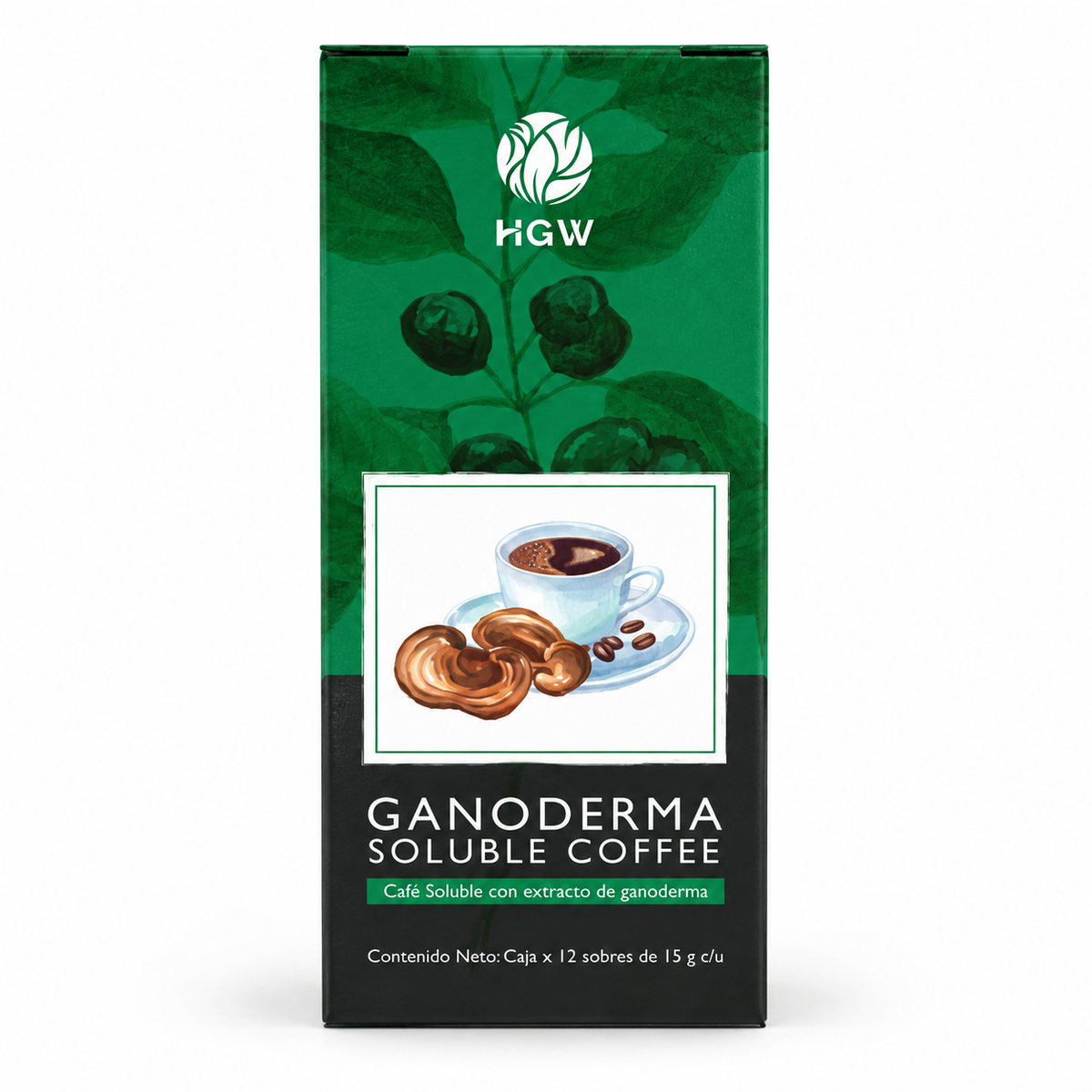 Caja verde y negra de Ganoderma Soluble Coffee HGW con 12 sobres de 15 g.