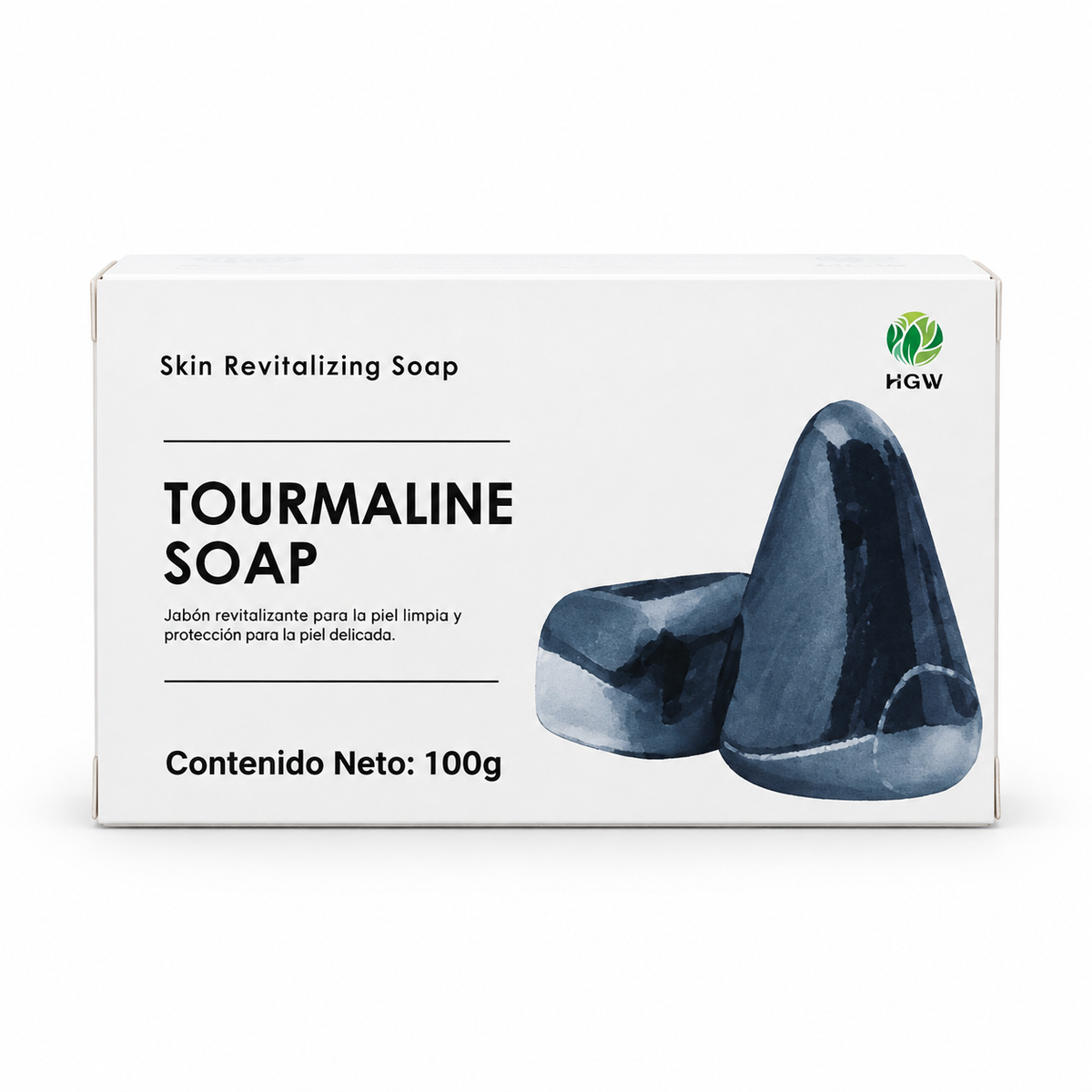 Caja blanca de jabón Tourmaline Soap HGW de 100 g con ilustración de turmalina.