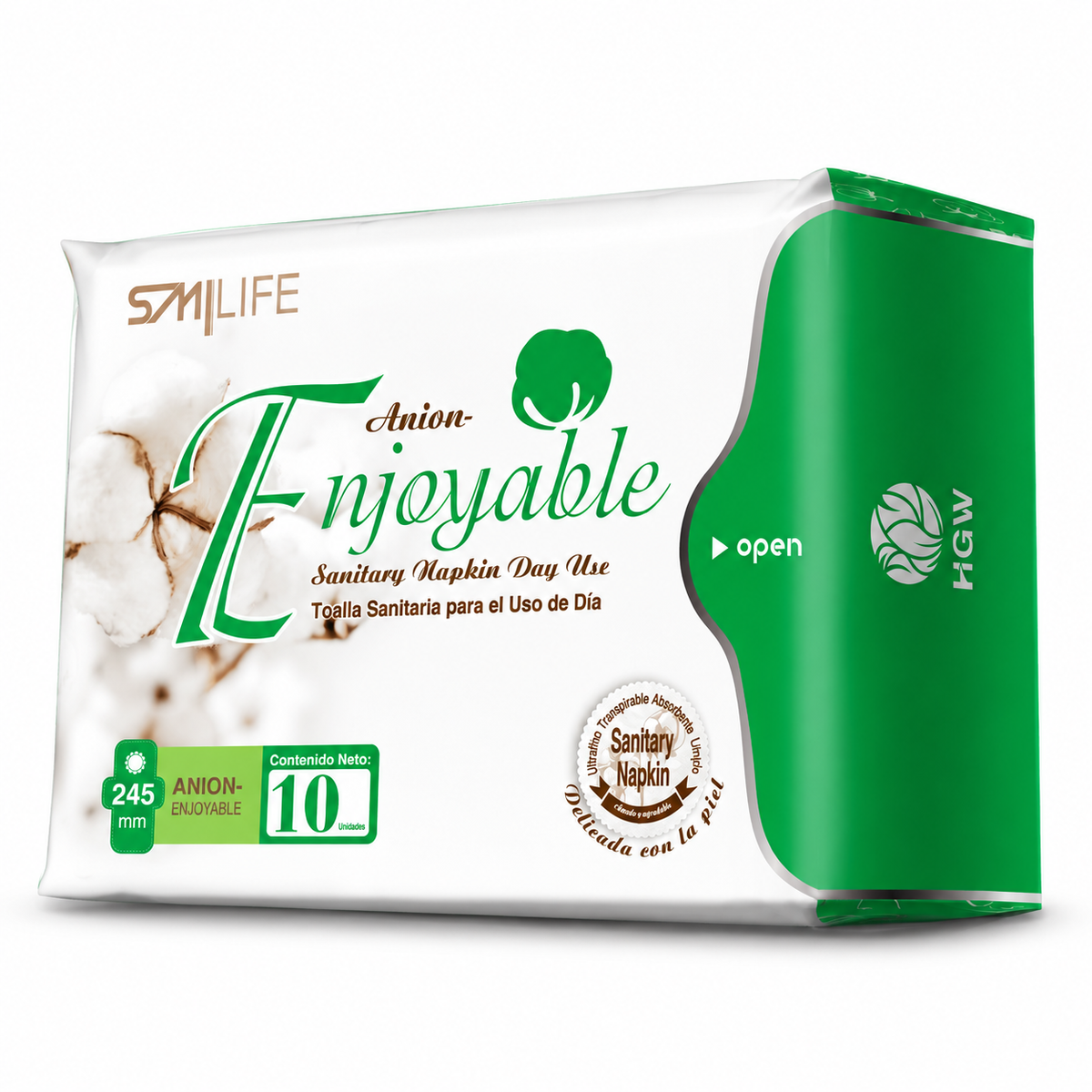Paquete verde de toallas sanitarias de día Smilife Enjoyable, 10 unidades de 245 mm.
