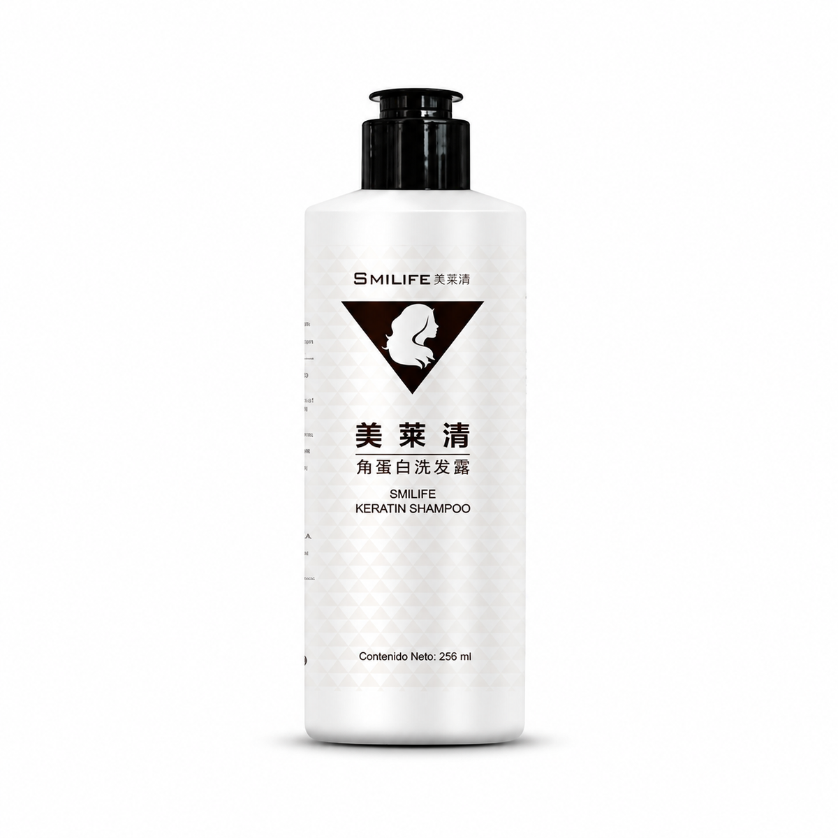 Botella blanca de Smilife Keratin Shampoo con dispensador negro.