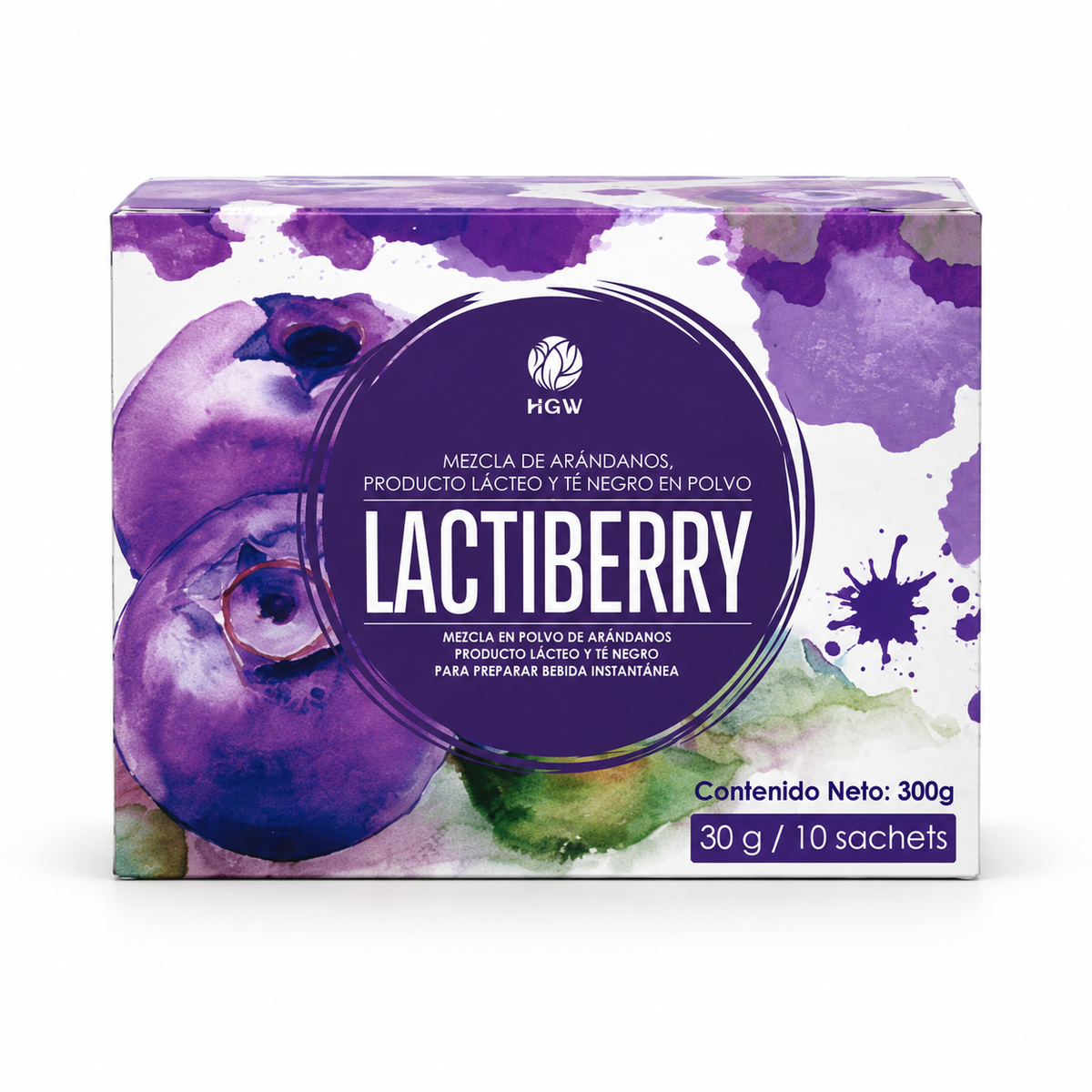 Caja de Lactiberry HGW de 300 g con ilustración de arándanos en tonos morados.