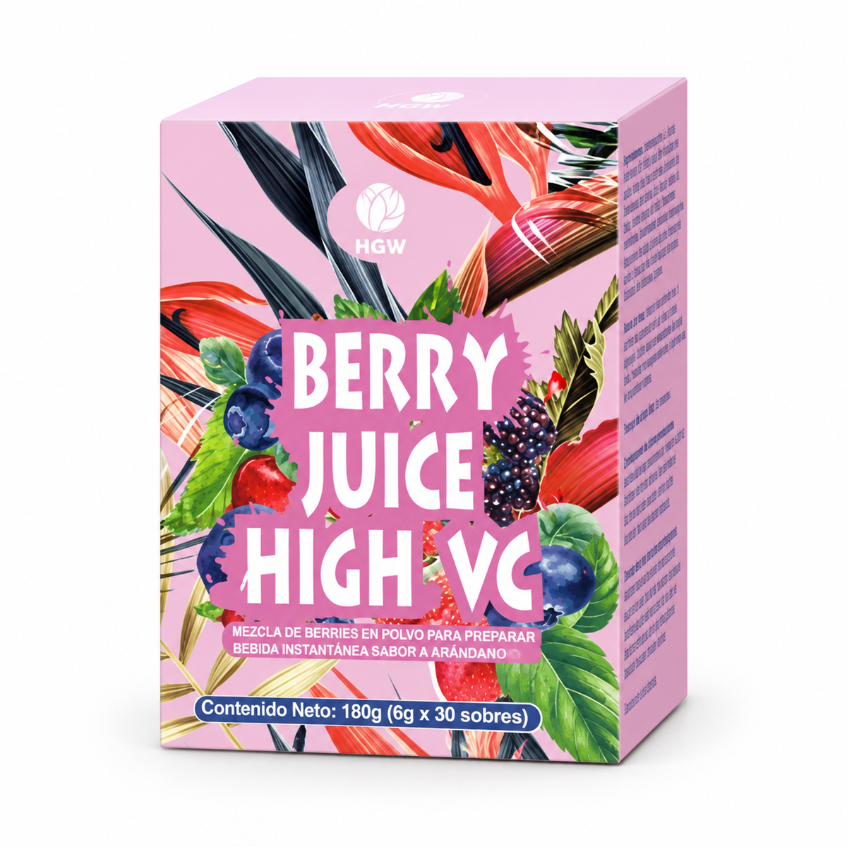 Caja rosada de Berry Juice High VC HGW con ilustraciones de frutas.