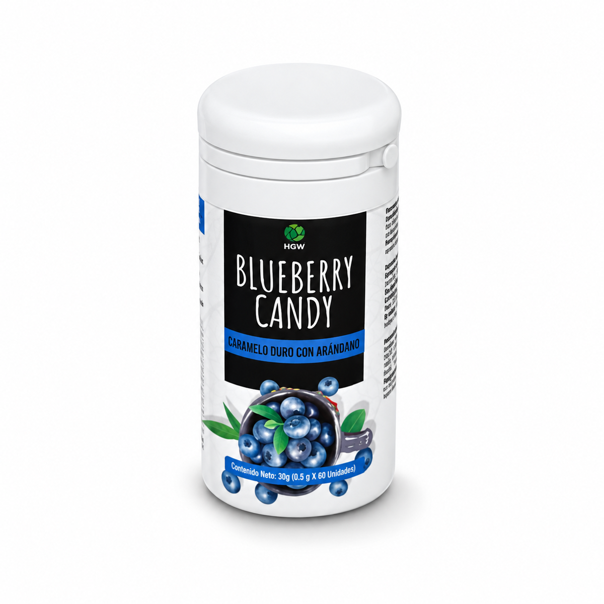 Frasco blanco de Blueberry Candy HGW de 30 g, con etiqueta azul y negra.