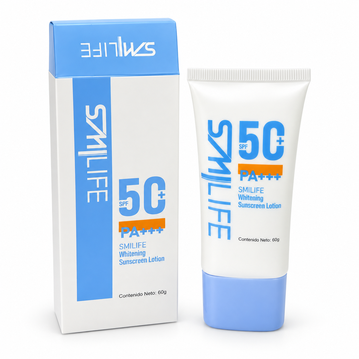 Tubo y caja blancos y azules de Smilife Whitening Sunscreen Lotion SPF 50+, 60 g.