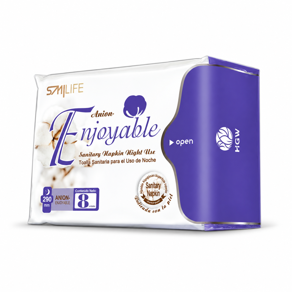 Paquete morado de toallas sanitarias de noche Smilife Enjoyable, 8 unidades de 290 mm.