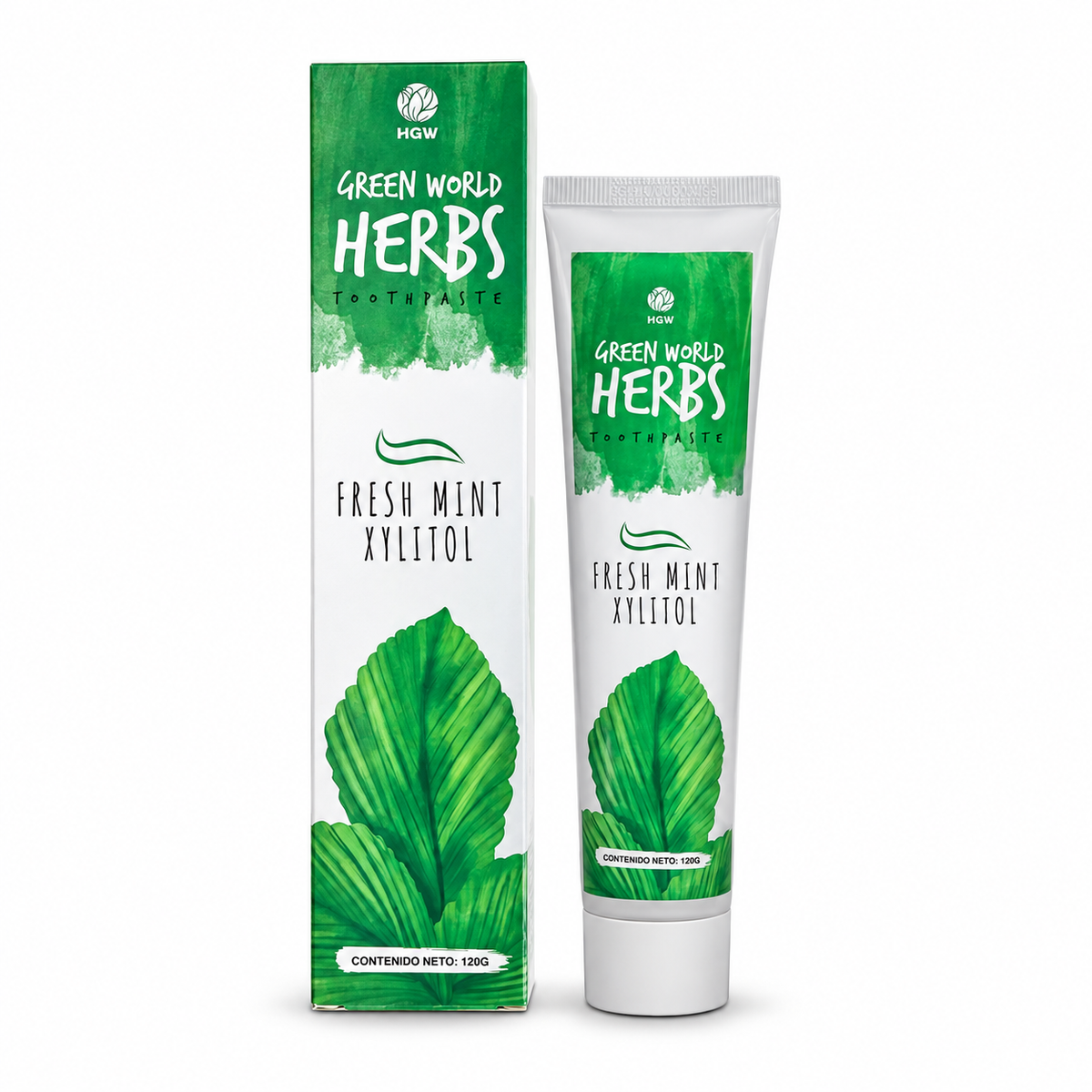 Caja y tubo de crema dental Green World Herbs HGW de 120 g.