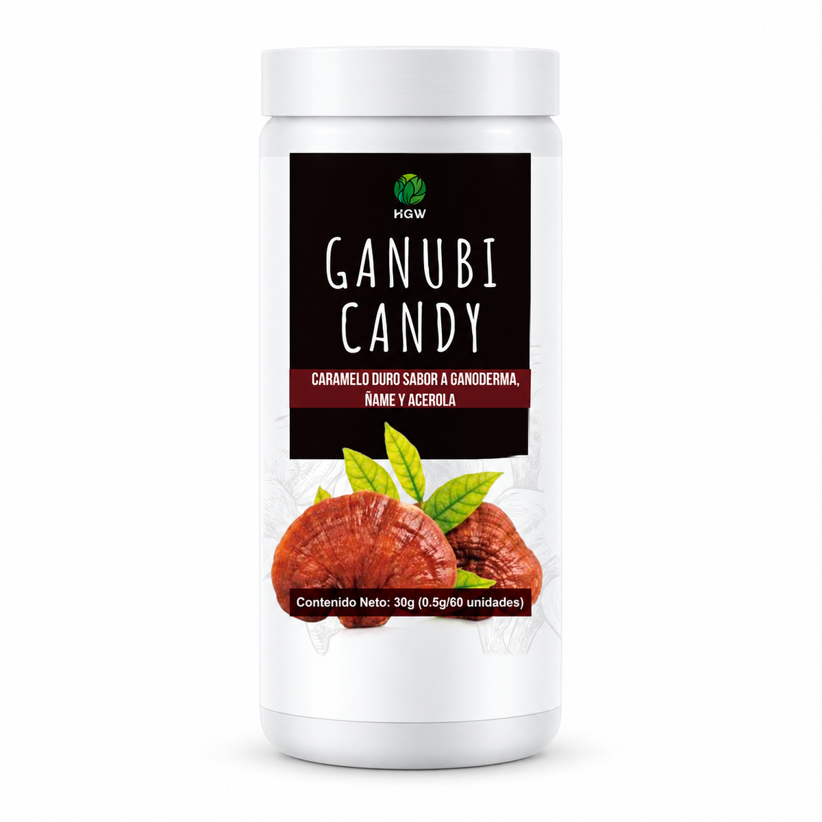 Frasco blanco de Ganubi Candy HGW de 30 g con etiqueta negra y roja.