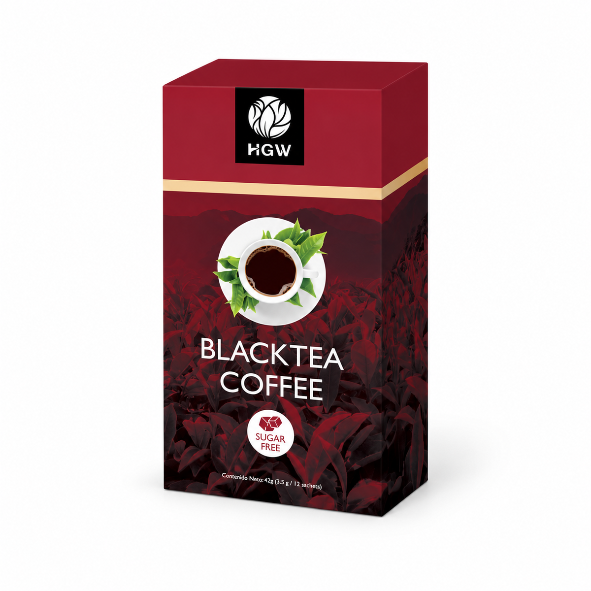 Caja roja y negra de Black Tea Coffee HGW con 12 sobres.