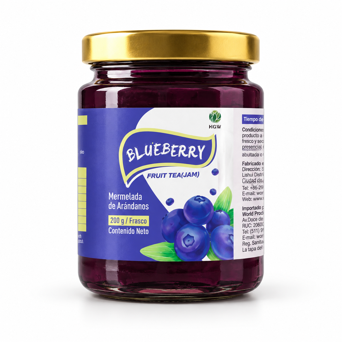 Frasco de mermelada de arándanos HGW de 200 g con tapa dorada y etiqueta morada.