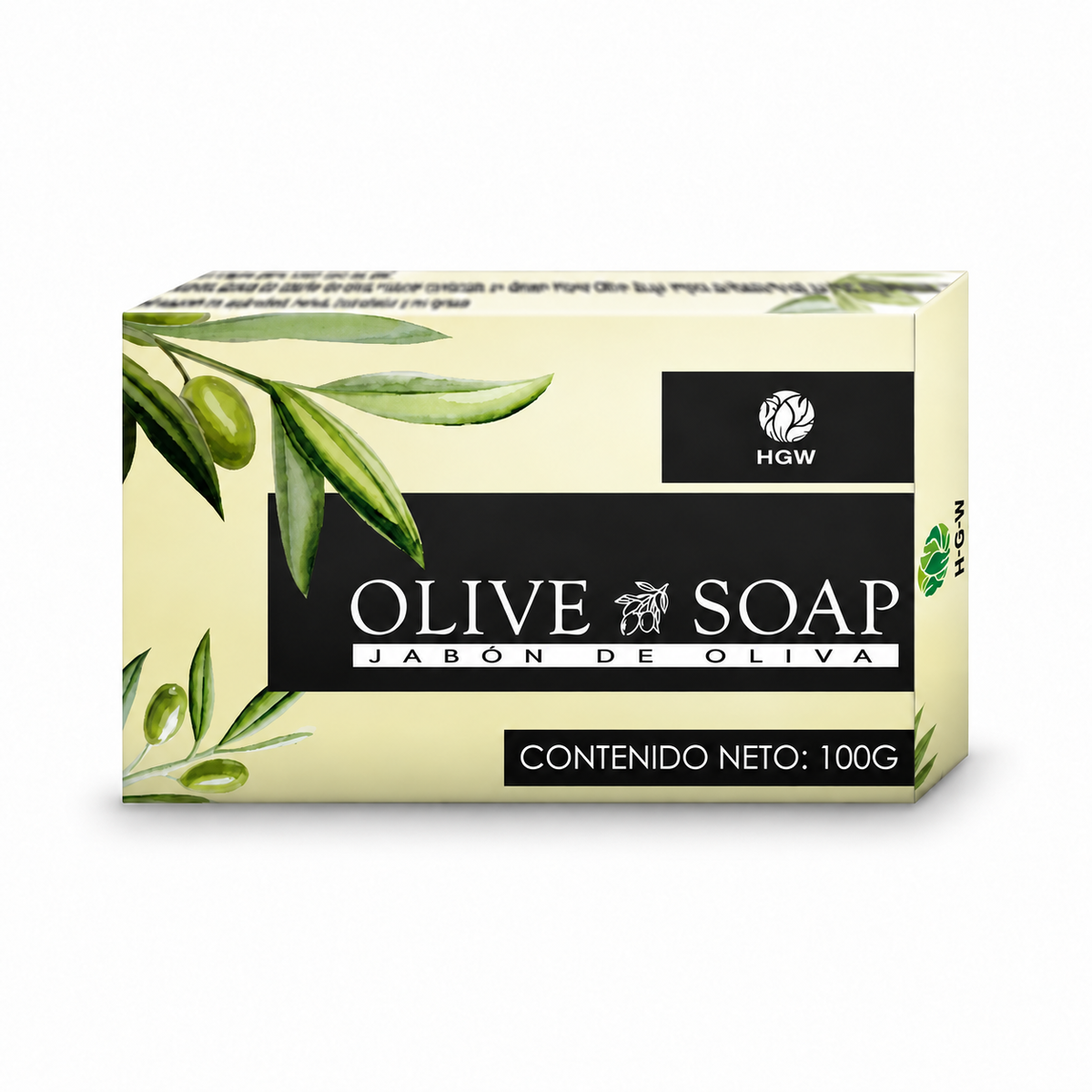 Caja de jabón Olive Soap HGW de 100 g en color crema con ramas de olivo.